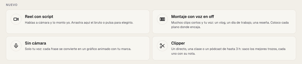Las cuatro formas de empezar un reel en wadrop: Reel con script, Montaje con voz en off, Sin cámara y Clipper.