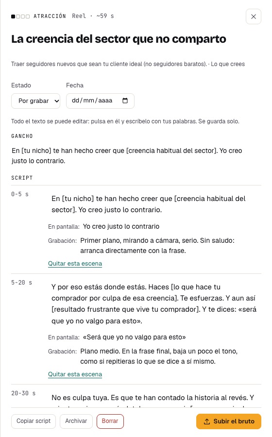 Un script abierto en wadrop: gancho, escenas con sus segundos, el texto en pantalla y cómo grabar cada parte.